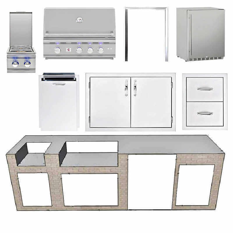 EZ Finish Systems 10 Ft Ready-To-Finish Outdoor Grill Island w/ Summerset TRL 32-Inch Grill, Double Burner, Double Door, & Refrigerator