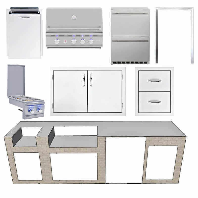 EZ Finish Systems 10 Ft Ready-To-Finish Outdoor Grill Island w/ Summerset TRL 32-Inch Grill, Double Burner, Double Door, Trash Drawer, & 2-Drawer Refrigerator