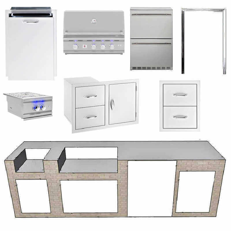 EZ Finish Systems 10 Ft Ready-To-Finish Outdoor Grill Island w/ Summerset TRL 32-Inch Grill, Power Burner, Combo, Trash Drawer, & 2-Drawer Refrigerator