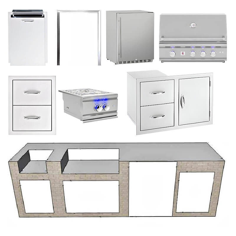 EZ Finish Systems 10 Ft Ready-To-Finish Outdoor Grill Island w/ Summerset TRL 32-Inch Grill, Power Burner, Combo, Trash Drawer, & Refrigerator