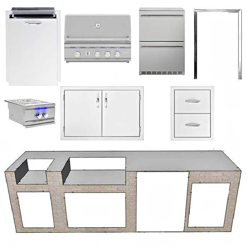 EZ Finish Systems 10 Ft Ready-To-Finish Outdoor Grill Island w/ Summerset TRL 32-Inch Grill, Power Burner, Double Door, Trash Drawer, & 2-Drawer Refrigerator