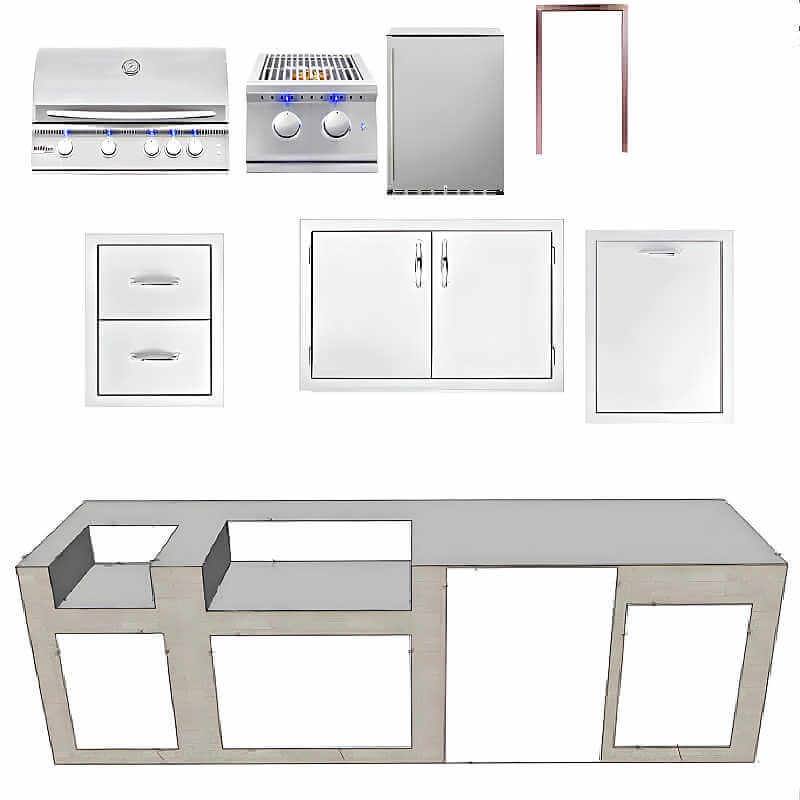 EZ Finish Systems 10 Ft Ready-To-Finish Outdoor Kitchen Island w/ Summerset Sizzler Pro 32-Inch Grill, Double Burner, & Double Door