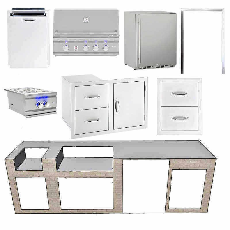 EZ Finish Systems 10 Ft Ready-To-Finish Outdoor Kitchen Island w/ Summerset TRL 32-Inch Grill, Power Burner, Double Drawer, Trash Drawer, & Combo