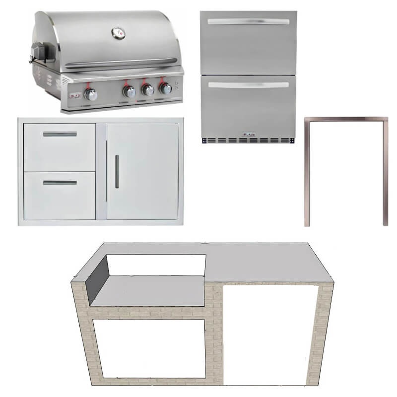 EZ Finish Systems 6 Ft Ready-To-Finish Grill Island w/ Blaze Professional LUX 34-Inch Grill, Combo, & 2-Drawer Refrigerator