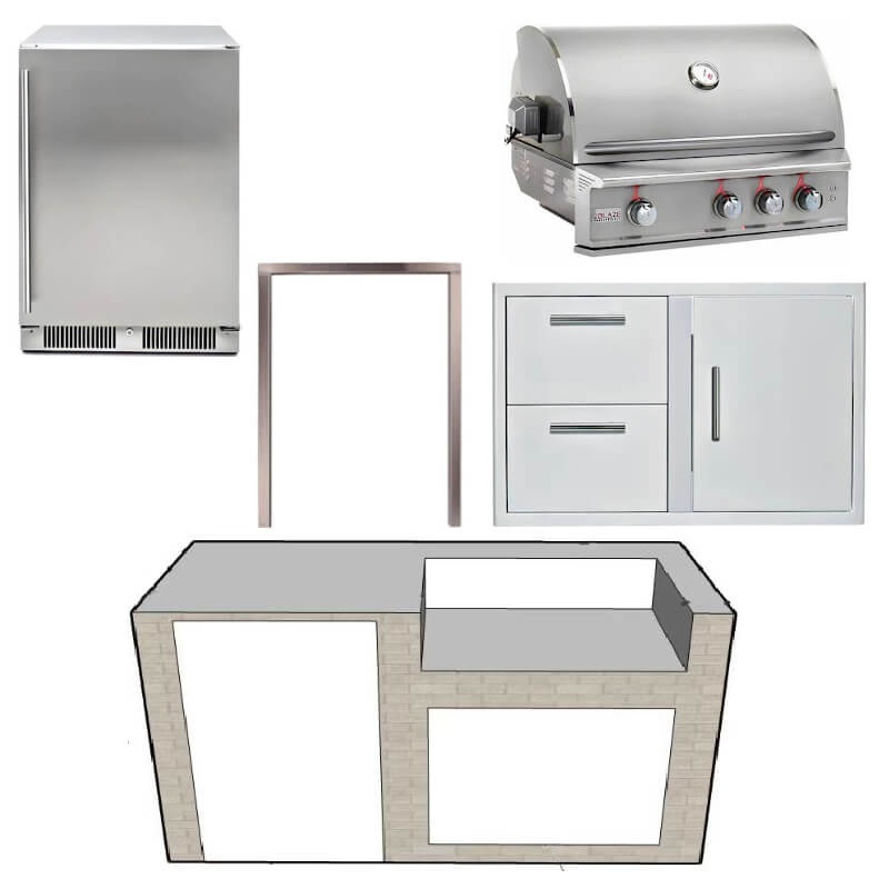 EZ Finish Systems 6 Ft Ready-To-Finish Grill Island w/ Blaze Professional LUX 34-Inch Grill, Combo, & Refrigerator