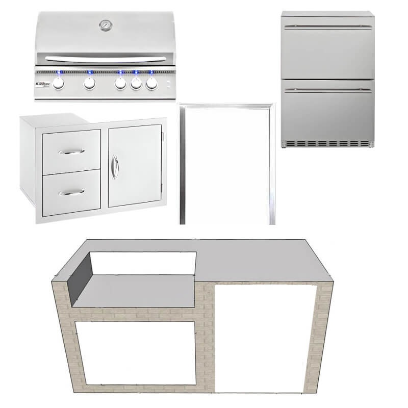 EZ Finish Systems 6 Ft Ready-To-Finish Grill Island w/ Summerset Sizzler Pro 32-Inch Grill, Combo, & 2-Drawer Refrigerator