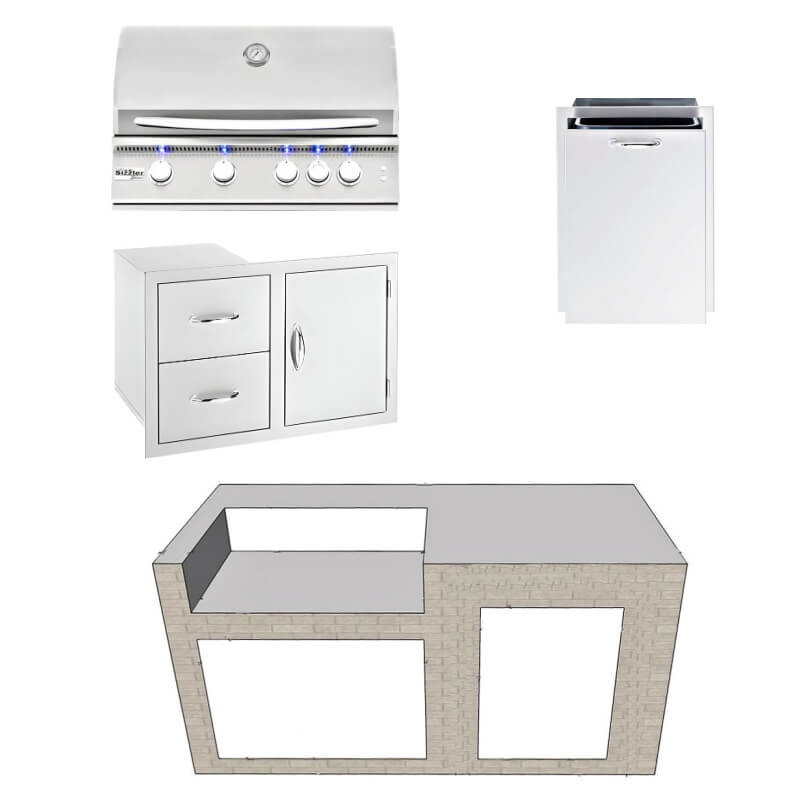 EZ Finish Systems 6 Ft Ready-To-Finish Grill Island w/ Summerset Sizzler Pro 32-Inch Grill, Combo, And Trash Drawer