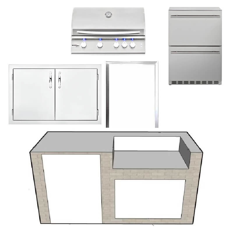 EZ Finish Systems 6 Ft Ready-To-Finish Grill Island w/ Summerset Sizzler Pro 32-Inch Grill, Double Door, & 2-Drawer Refrigerator