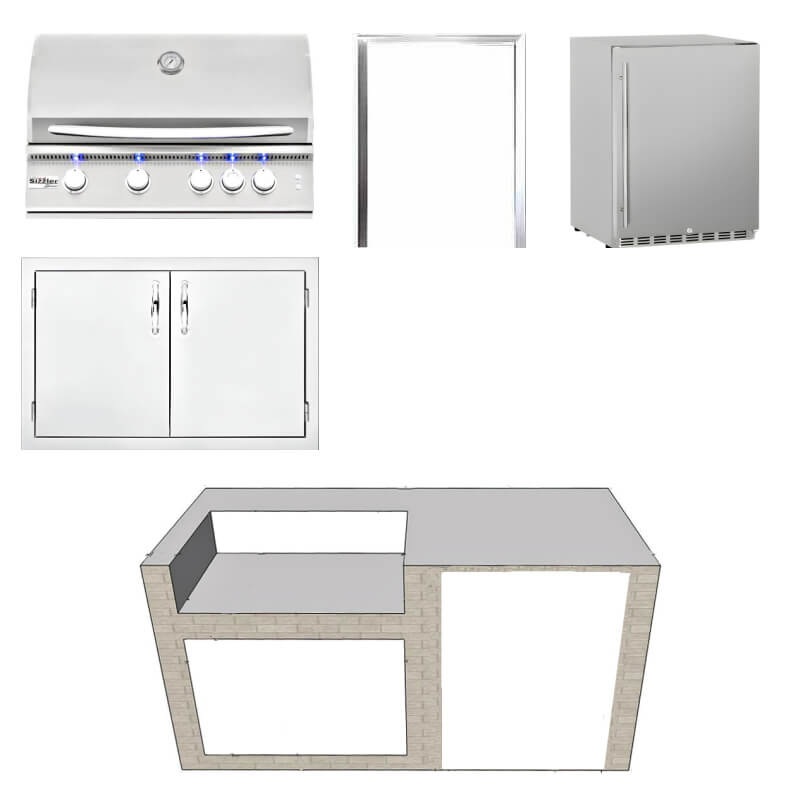 EZ Finish Systems 6 Ft Ready-To-Finish Grill Island w/ Summerset Sizzler Pro 32-Inch Grill, Double Door, & Refrigerator