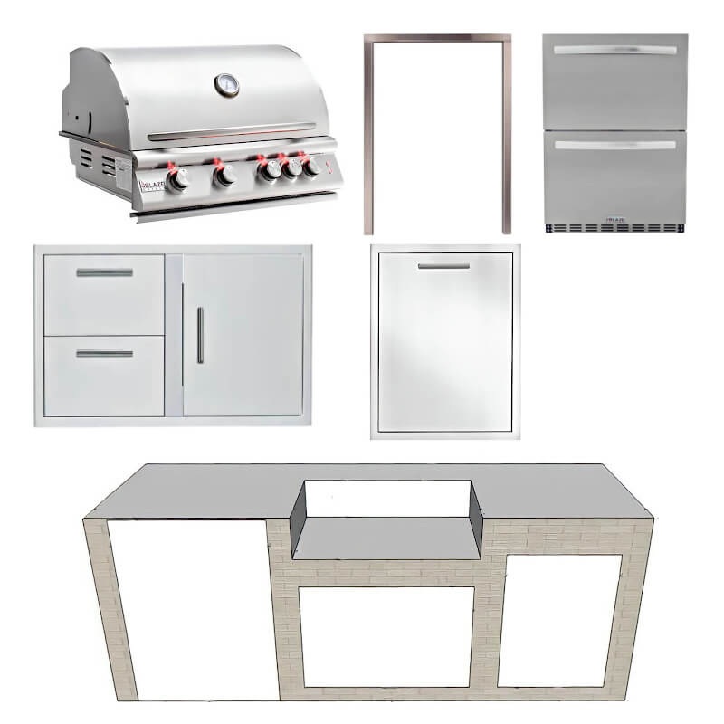 EZ Finish Systems 8 Ft Ready-To-Finish Grill Island with Blaze Premium LTE 32-Inch Grill, 2-Drawer Refrigerator, Combo, and Trash Drawer