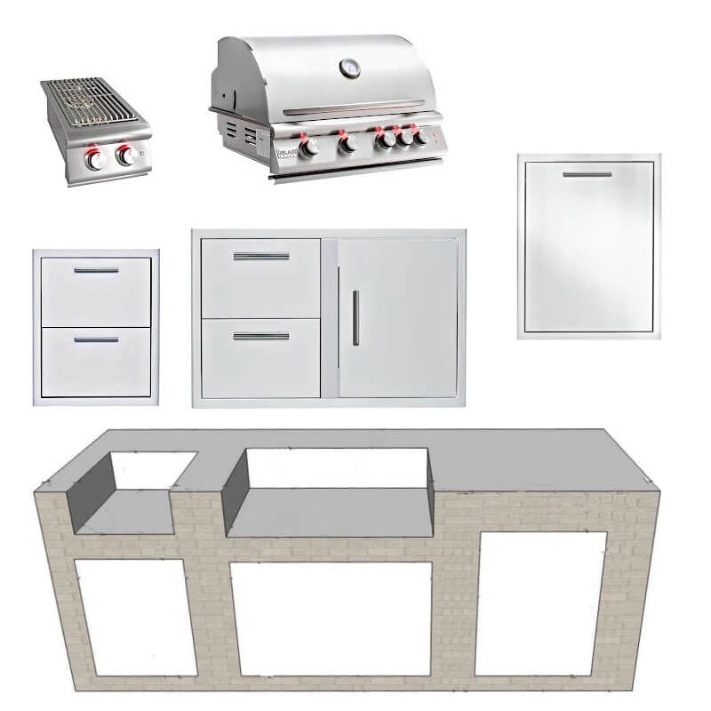 EZ Finish Systems 8 Ft Ready-To-Finish Grill Island with Blaze Premium LTE 32-Inch Grill, Double Side Burner, Combo, Double Drawer, and 2-Drawer Refrigerator