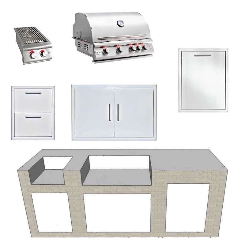 EZ Finish Systems 8 Ft Ready-To-Finish Grill Island with Blaze Premium LTE 32-Inch Grill, Double Side Burner, Double Door, Double Drawer, and 2-Drawer Refrigerator