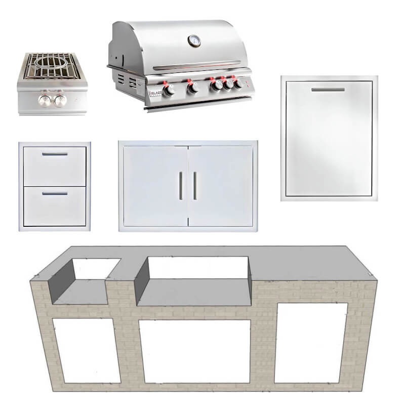 EZ Finish Systems 8 Ft Ready-To-Finish Grill Island with Blaze Premium LTE 32-Inch Grill, Power Burner, Double Door, Double Drawer, and 2-Drawer Refrigerator