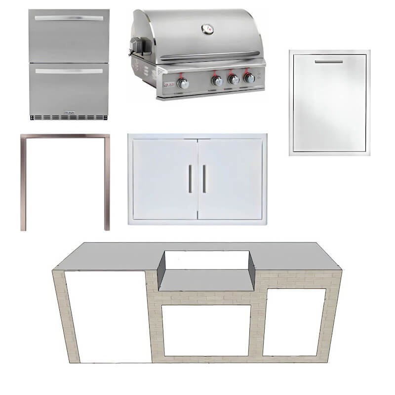 EZ Finish Systems 8 Ft Ready-To-Finish Grill Island with Blaze Professional LUX 34-Inch Grill, 2-Drawer Refrigerator, Double Door, and Trash Drawer