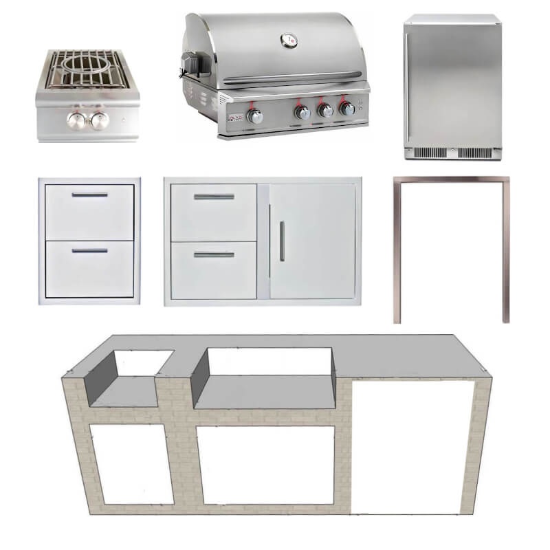 EZ Finish Systems 8 Ft Ready-To-Finish Grill Island with Blaze Professional LUX 34-Inch Grill, Power Burner, Combo, Double Drawer, and 2-Drawer Refrigerator