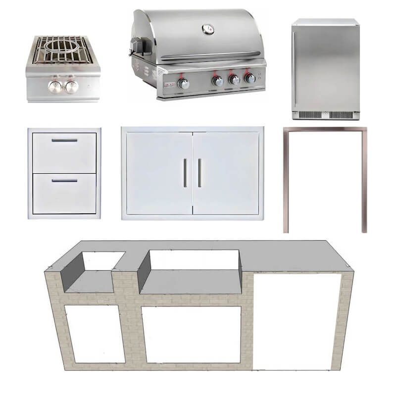 EZ Finish Systems 8 Ft Ready-To-Finish Grill Island with Blaze Professional LUX 34-Inch Grill, Power Burner, Double Door, Double Drawer, and 2-Drawer Refrigerator