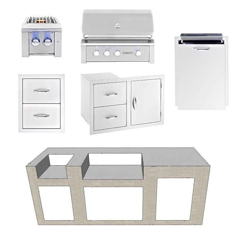 EZ Finish Systems 8 Ft Ready-To-Finish Grill Island with Summerset Alturi 36-Inch Grill, Double Side Burner, Combo, Double Drawer, and 2-Drawer Refrigerator