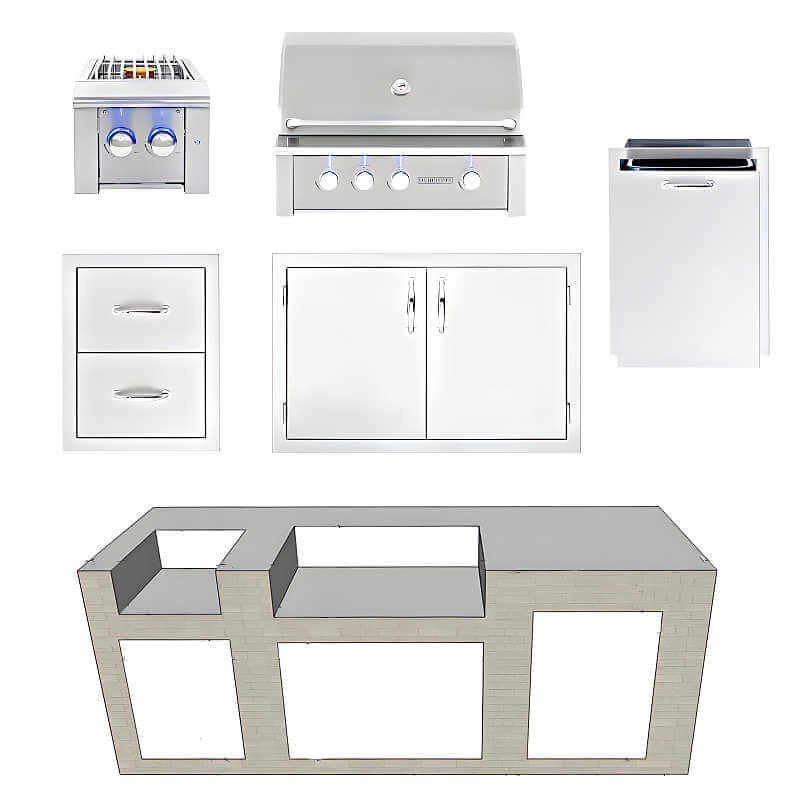 EZ Finish Systems 8 Ft Ready-To-Finish Grill Island with Summerset Alturi 36-Inch Grill, Double Side Burner, Double Door, Double Drawer, and 2-Drawer Refrigerator