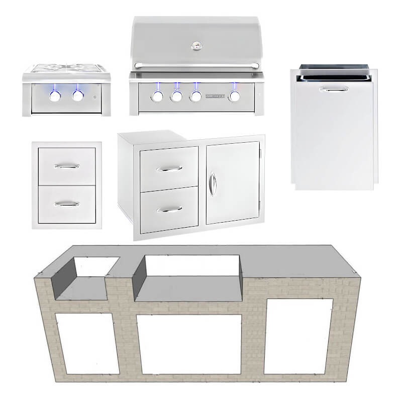 EZ Finish Systems 8 Ft Ready-To-Finish Grill Island with Summerset Alturi 36-Inch Grill, Power Burner, Combo, Double Drawer, and Trash Drawer