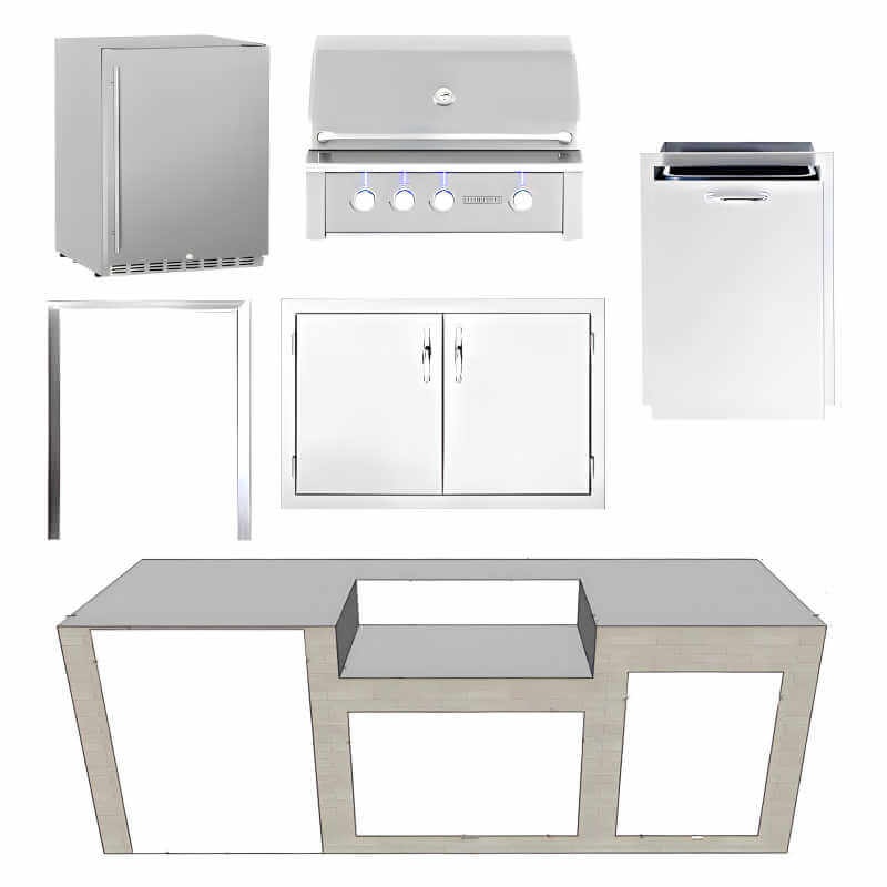 EZ Finish Systems 8 Ft Ready-To-Finish Grill Island with Summerset Alturi 36-Inch Grill, Refrigerator, Double Door, and Trash Drawer