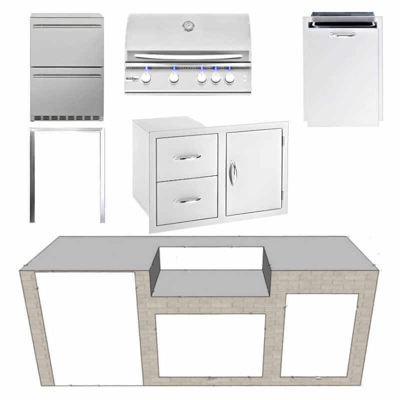 EZ Finish Systems 8 Ft Ready-To-Finish Grill Island with Summerset Sizzler Pro 32-Inch Grill, 2-Drawer Refrigerator, Combo, and Trash Drawer