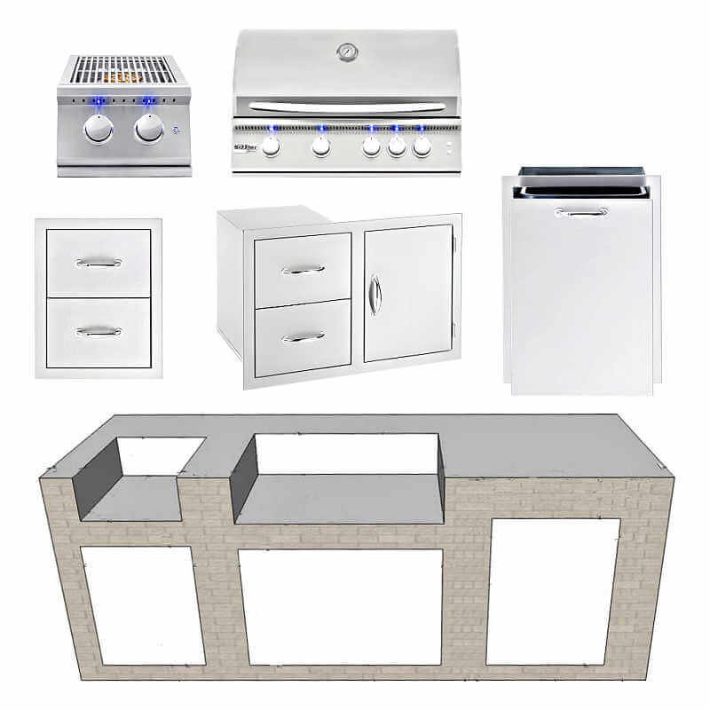 EZ Finish Systems 8 Ft Ready-To-Finish Grill Island with Summerset Sizzler Pro 32-Inch Grill, Double Side Burner, Combo, Double Drawer, and 2-Drawer Refrigerator