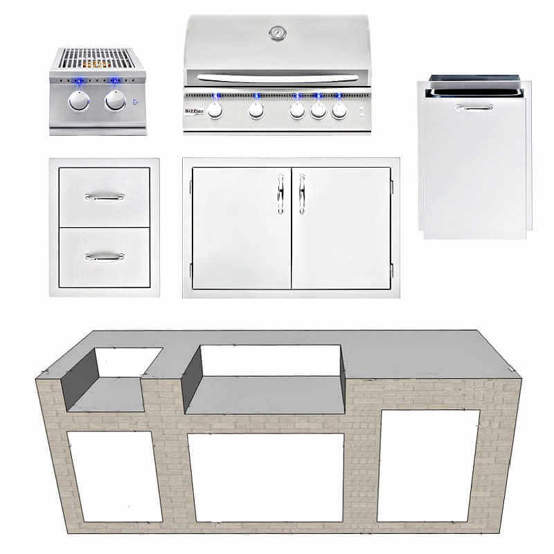 EZ Finish Systems 8 Ft Ready-To-Finish Grill Island with Summerset Sizzler Pro 32-Inch Grill, Double Side Burner, Double Door, Double Drawer, and 2-Drawer Refrigerator