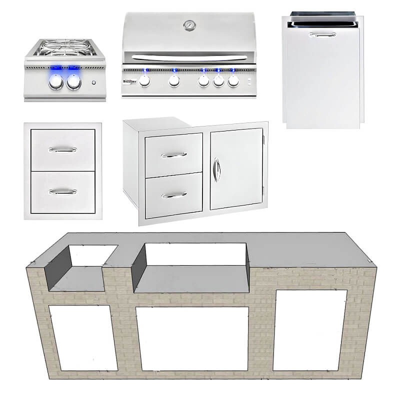 EZ Finish Systems 8 Ft Ready-To-Finish Grill Island with Summerset Sizzler Pro 32-Inch Grill, Power Burner, Combo, Double Drawer, and 2-Drawer Refrigerator