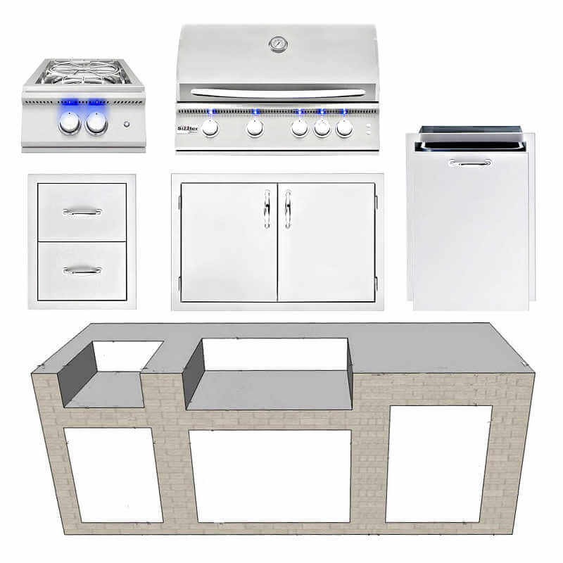 EZ Finish Systems 8 Ft Ready-To-Finish Grill Island with Summerset Sizzler Pro 32-Inch Grill, Power Burner, Double Door, Double Drawer, and 2-Drawer Refrigerator