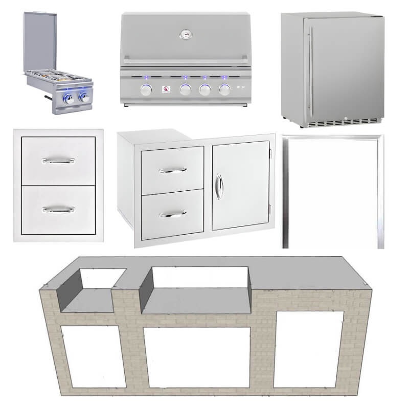 EZ Finish Systems 8 Ft Ready-To-Finish Grill Island with Summerset TRL 32-Inch Grill, Double Side Burner, Combo, Double Drawer, and 2-Drawer Refrigerator