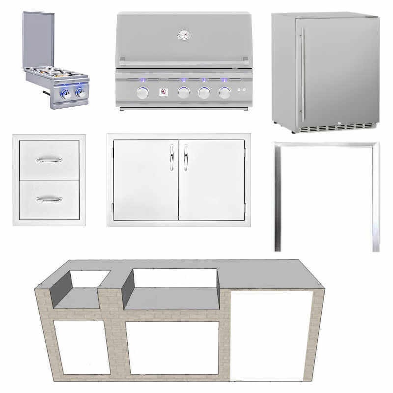 EZ Finish Systems 8 Ft Ready-To-Finish Grill Island with Summerset TRL 32-Inch Grill, Double Side Burner, Double Door, Double Drawer, and 2-Drawer Refrigerator