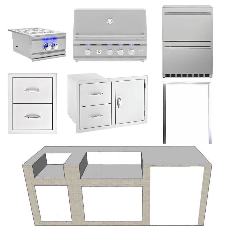 EZ Finish Systems 8 Ft Ready-To-Finish Grill Island with Summerset TRL 32-Inch Grill, Power Burner, Combo, Double Drawer, and 2-Drawer Refrigerator