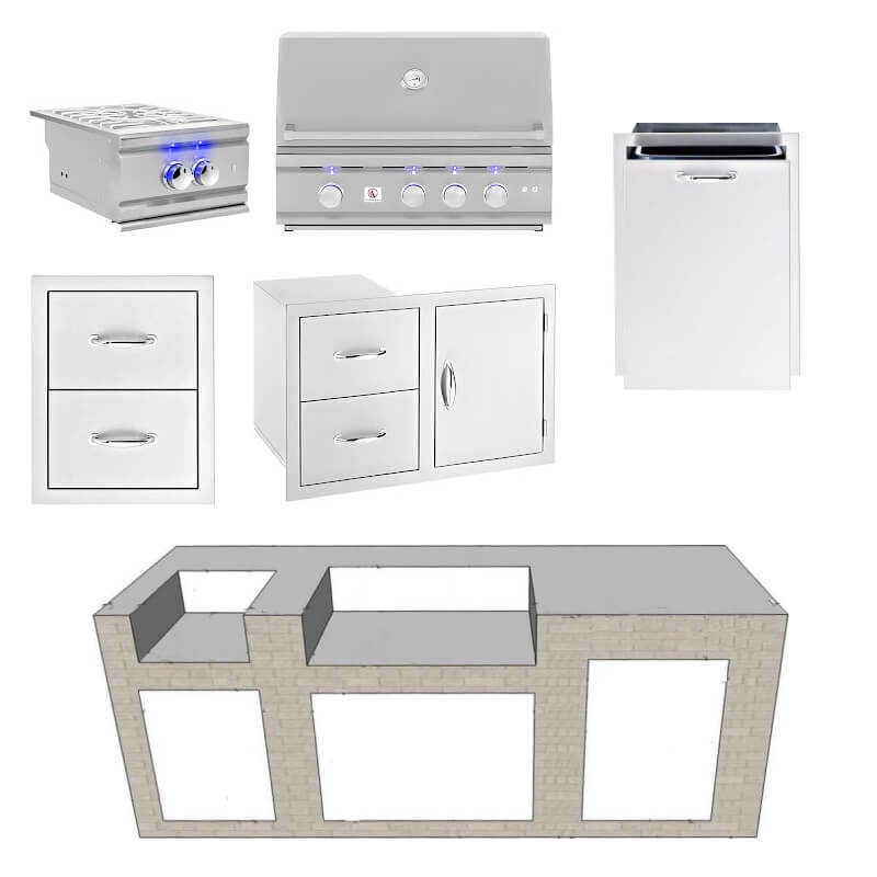 EZ Finish Systems 8 Ft Ready-To-Finish Grill Island with Summerset TRL 32-Inch Grill, Power Burner, Combo, Double Drawer, and Trash Drawer