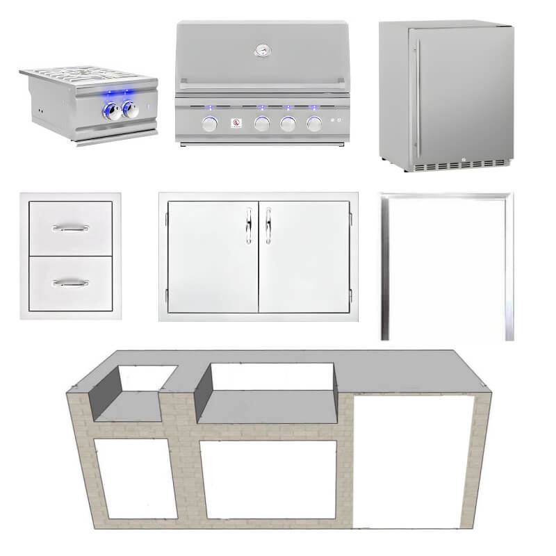 EZ Finish Systems 8 Ft Ready-To-Finish Grill Island with Summerset TRL 32-Inch Grill, Power Burner, Double Door, Double Drawer, and 2-Drawer Refrigerator