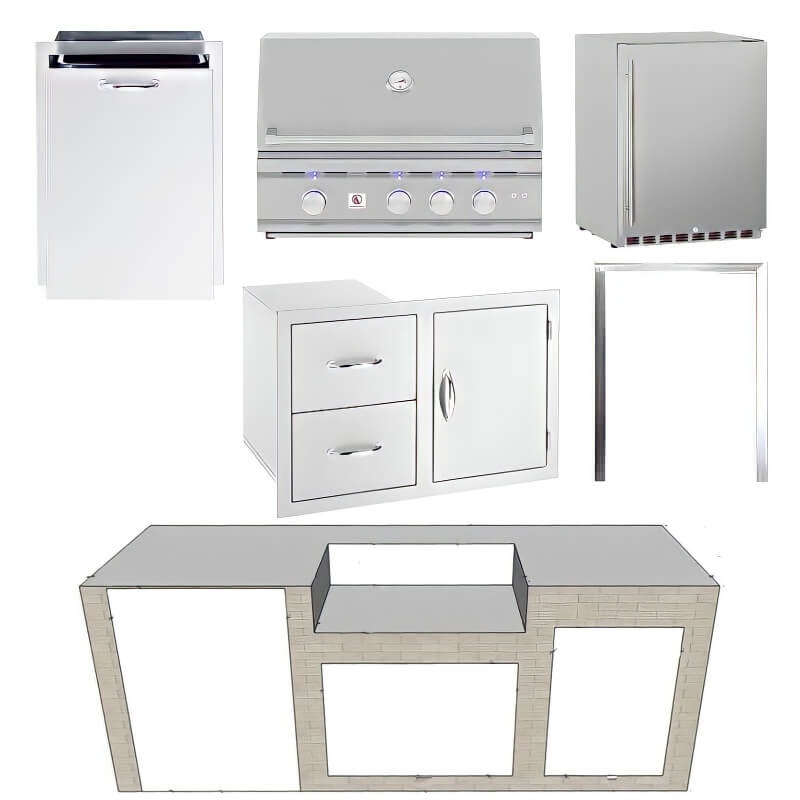 EZ Finish Systems 8 Ft Ready-To-Finish Grill Island with Summerset TRL 32-Inch Grill, Refrigerator, Combo, and Trash Drawer