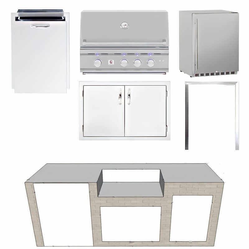 EZ Finish Systems 8 Ft Ready-To-Finish Grill Island with Summerset TRL 32-Inch Grill, Refrigerator, Double Door, and Trash Drawer