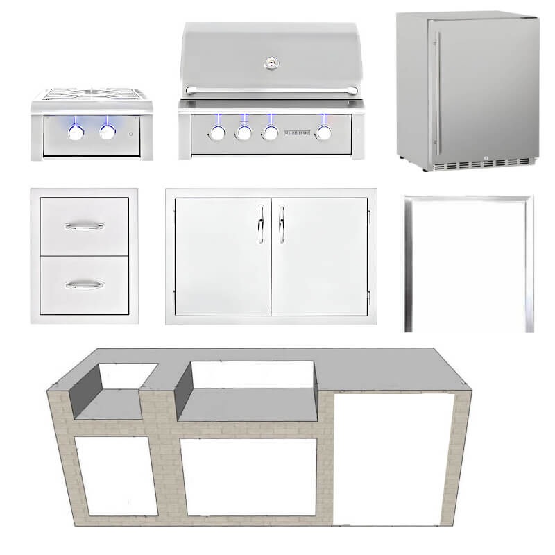 Finish Systems 8 Ft Ready-To-Finish Grill Island with Summerset Alturi 36-Inch Grill, Power Burner, Double Door , Double Drawer, and 2-Drawer Refrigerator