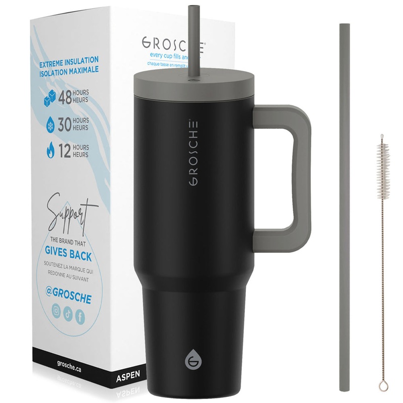 Grosche ASPEN Insulated Tumbler with Handle and Straw, 40oz - Graphite Black
