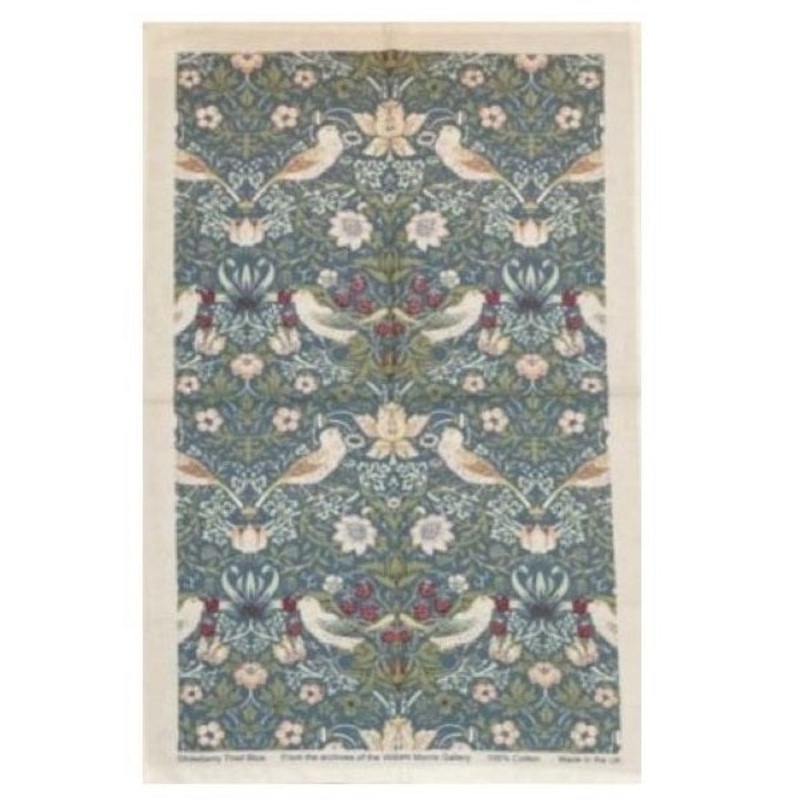 William Morris Cotton Tea Towel - Strawberry Thief / Blue