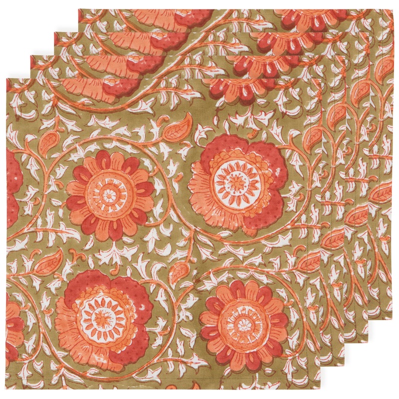 Danica Heirloom Block Print Cotton Napkins - Set of 4 / Zinnia