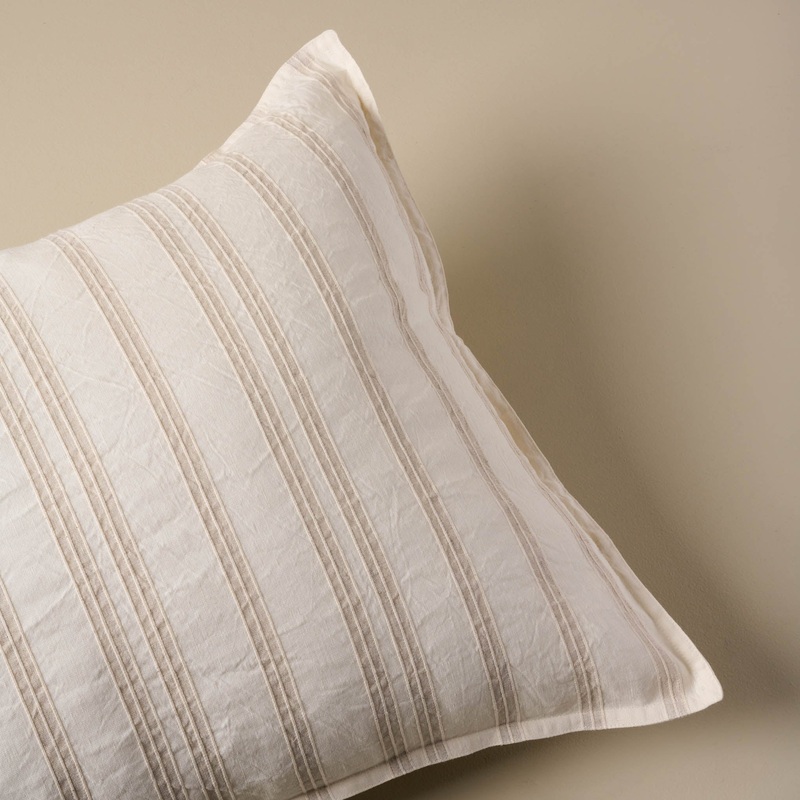 Embroidered Oatmeal Stripe Linen Cotton Pillow Sham