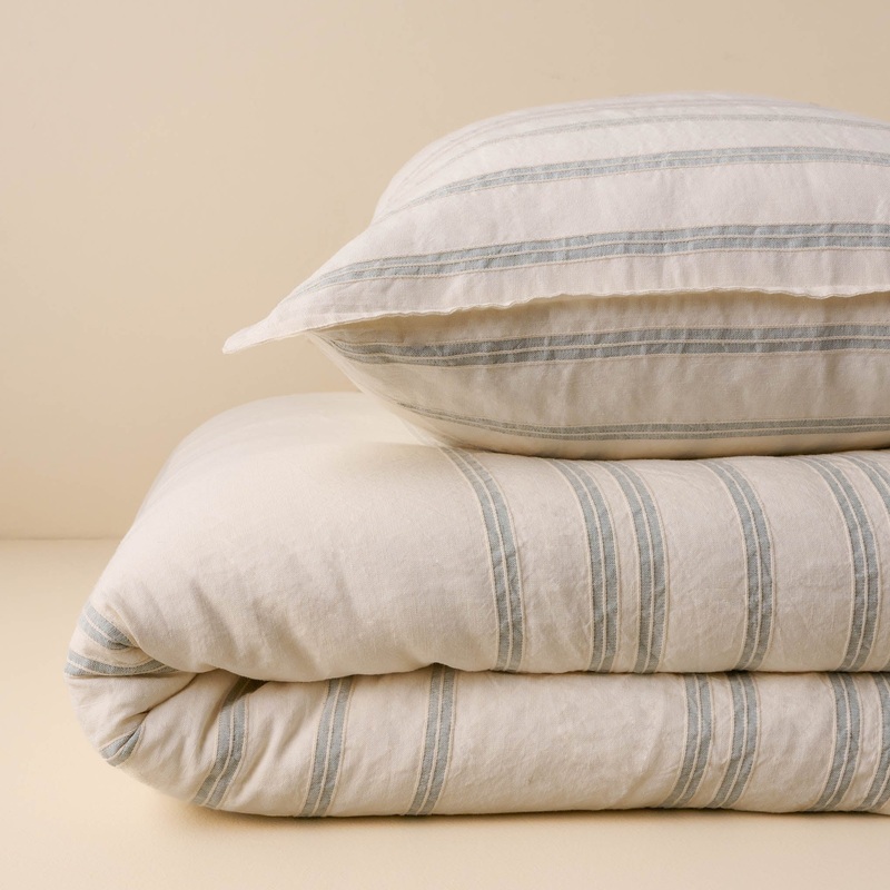 Embroidered Stripe Linen Cotton Duvet Cover - Chambray