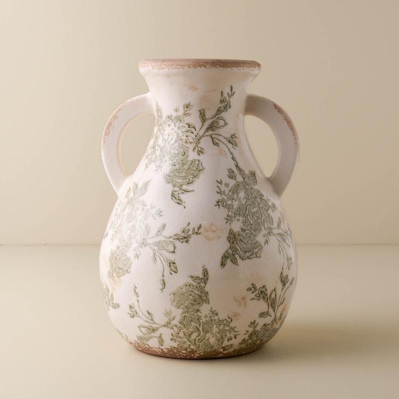 Green and White Distressed Vase with Handle