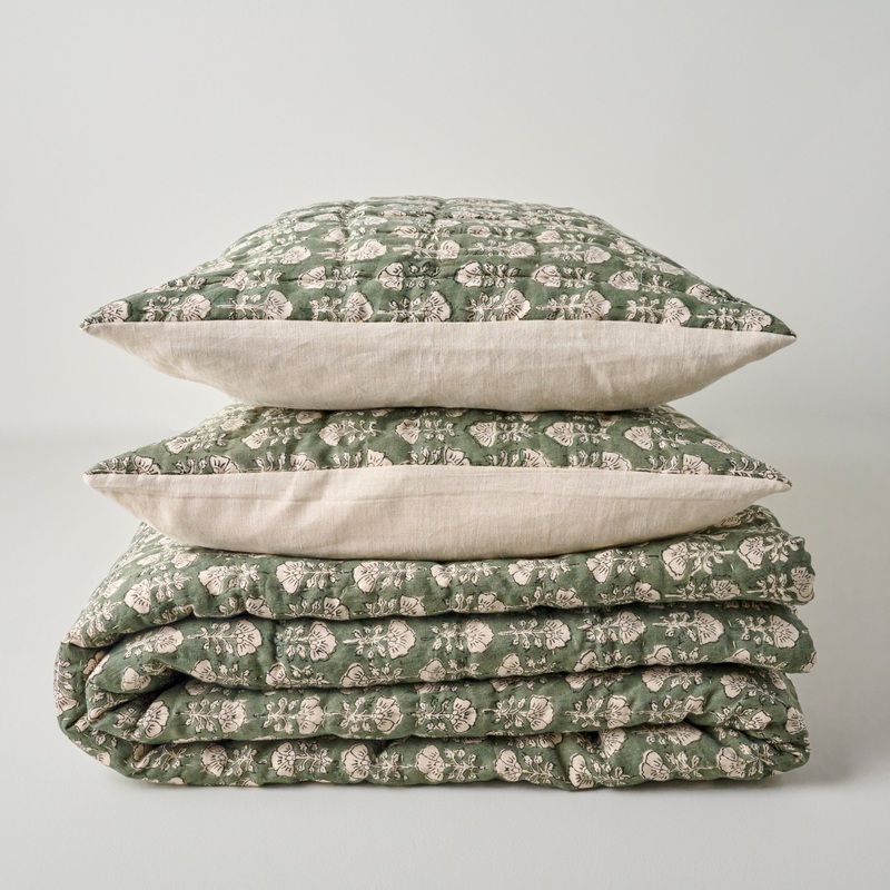 Flora Block Print Quilt - Dusty Green