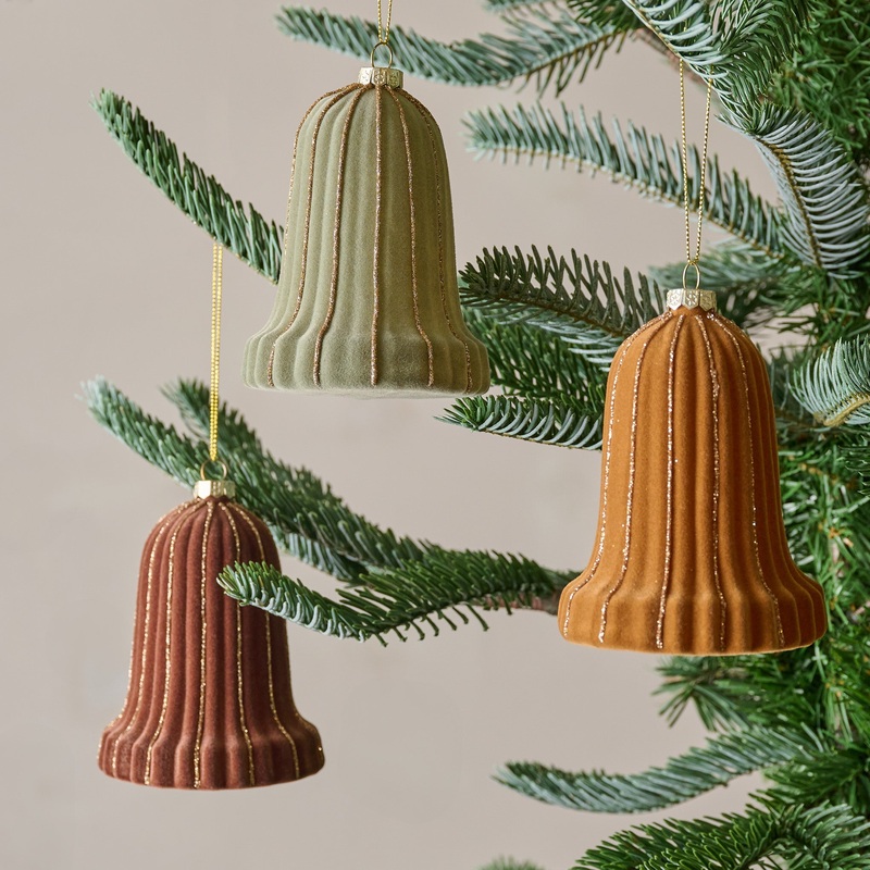 Glitter Flocked Bell Ornament Set of 3