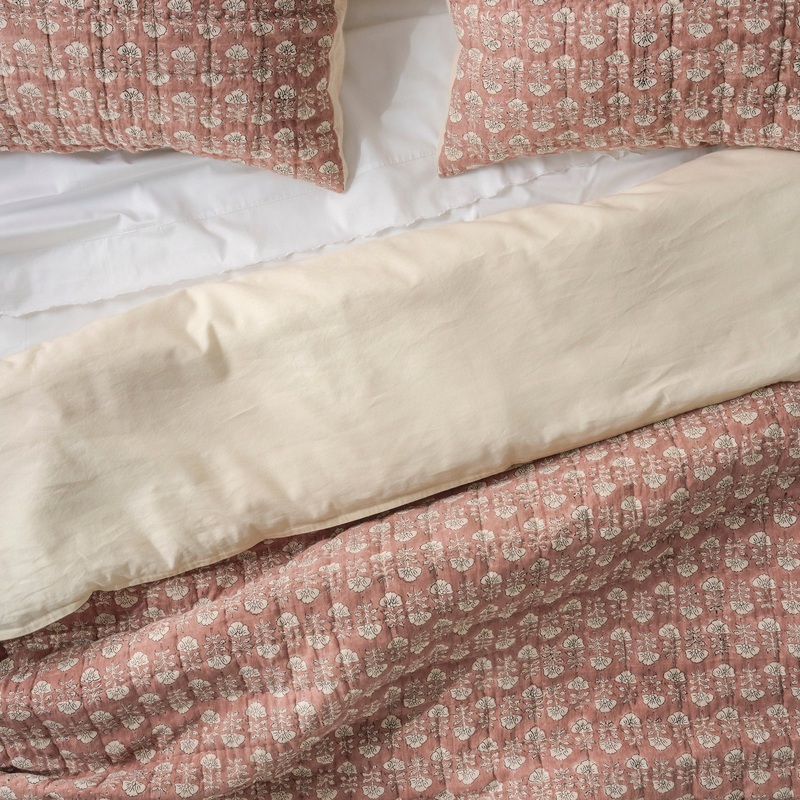 Desert Clay Flora Block Print Quilt + Sham Set (Queen)