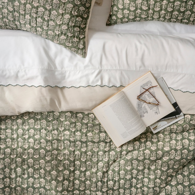 Dusty Green Flora Block Print Quilt + Sham Set (Queen)