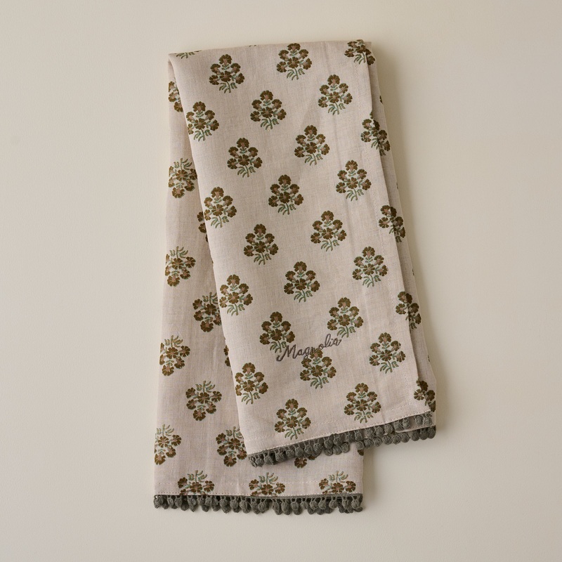 Magnolia Oatmeal Block Printed Tea Towel