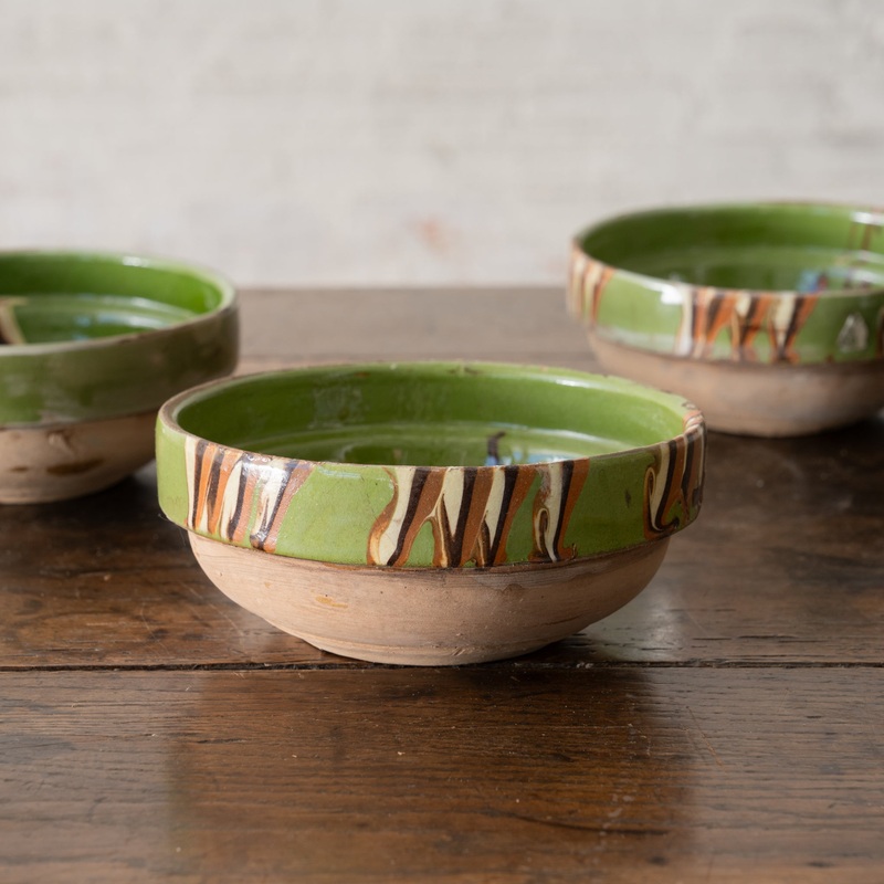 Vintage Green Rim Painted Terracotta Bowl