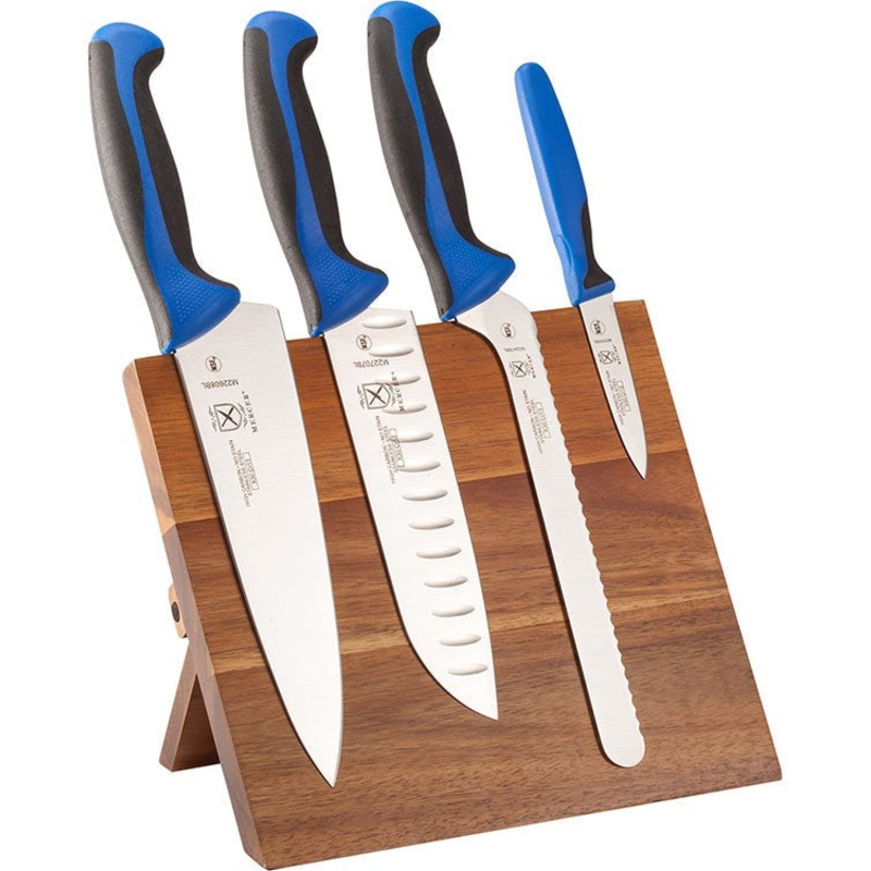 Mercer - 9.5" x 8.6" x 0.75" Acacia Magnetic Board with Japanese Steel Knives with Blue Handle, Pack of 5 - M21982BL